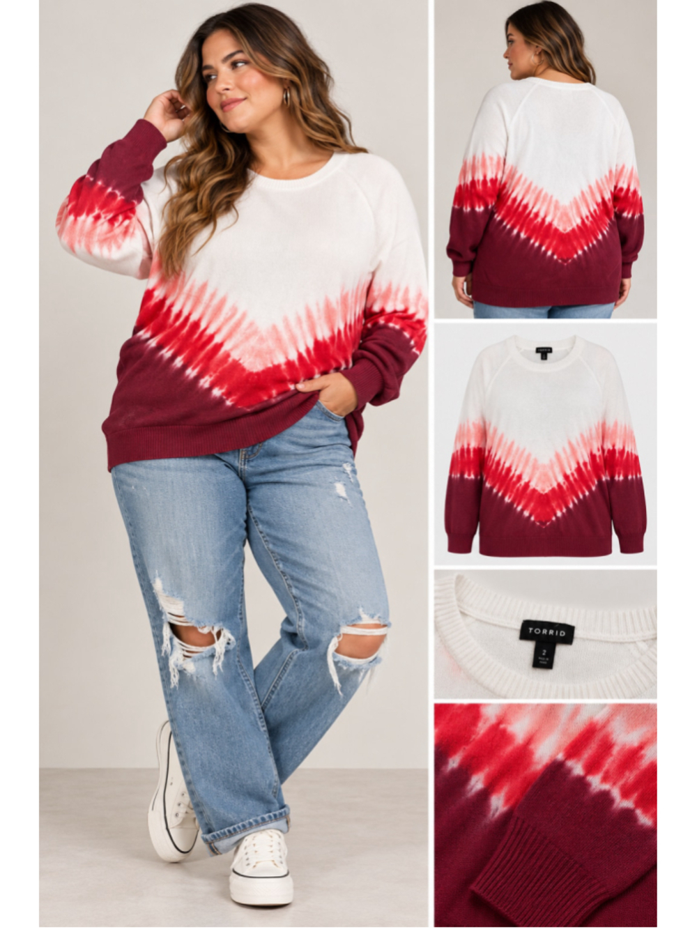 Torrid Size 2 2X Red White Tie Dye Ombre Pullover Sweater